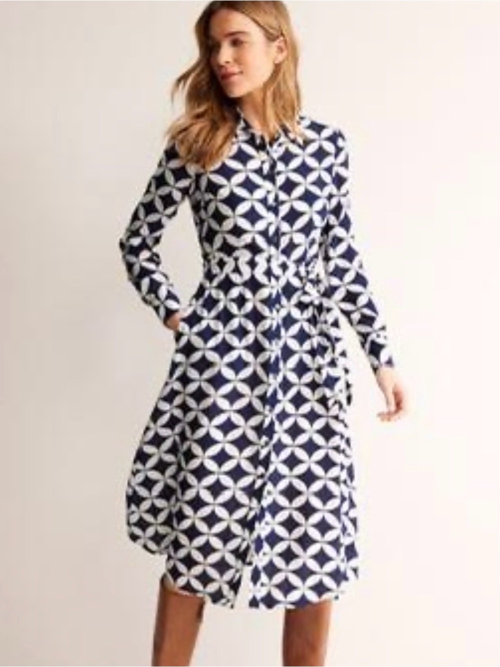 Boden Navy and White Geometric Kate Midi Shirt Dress